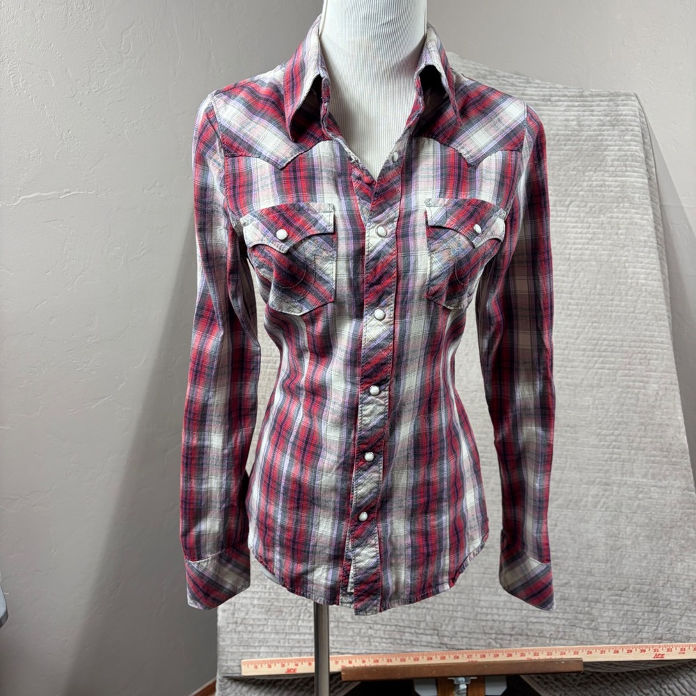 True Religion Womens Red Plaid Western Pearl Snap Cotton Shirt Small Long Sleeve